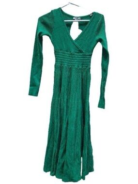Green Long-Sleeve Midi Faux Wrap Dress